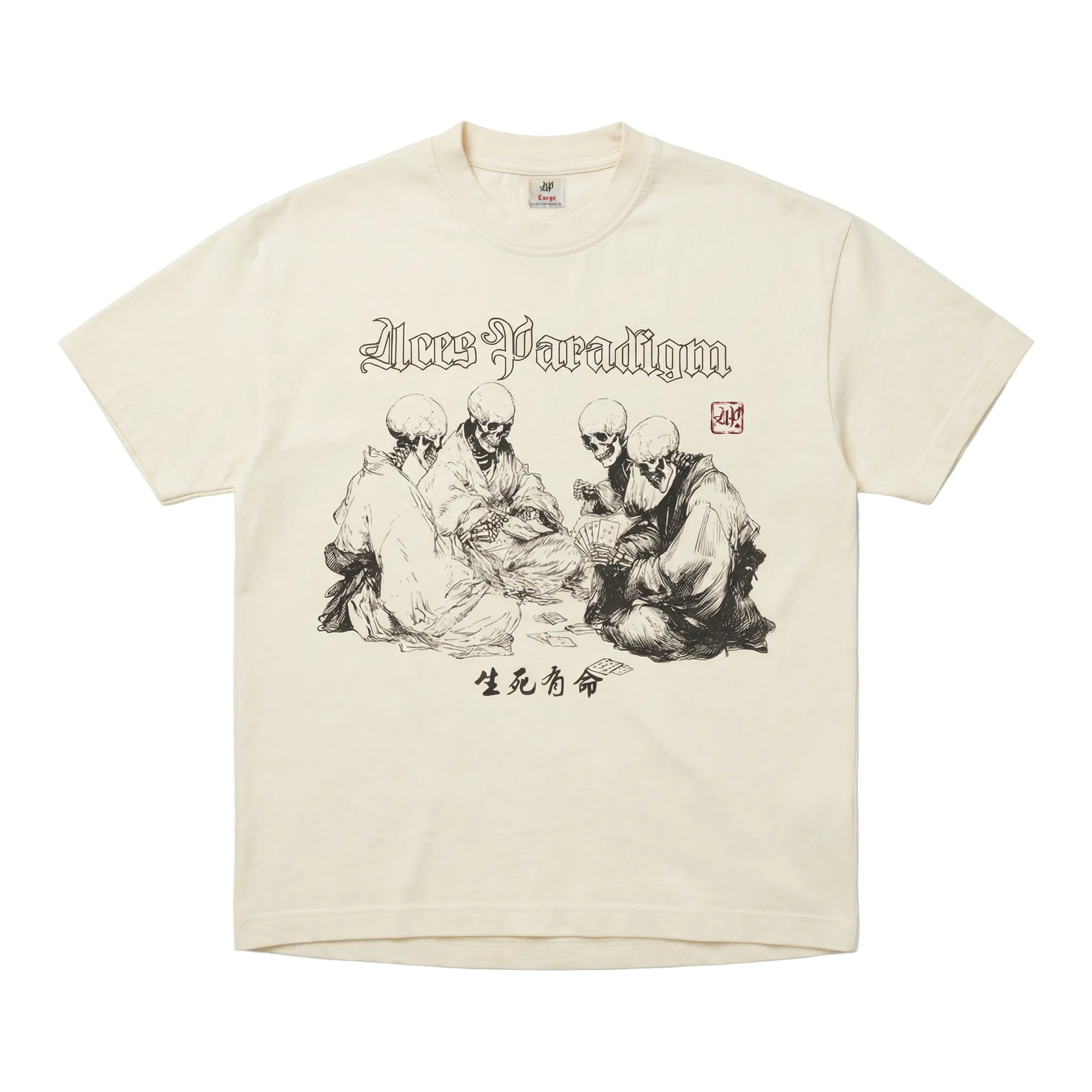 Aces Paradigm 4 of Spades tee front view — beige premium streetwear with graphic design