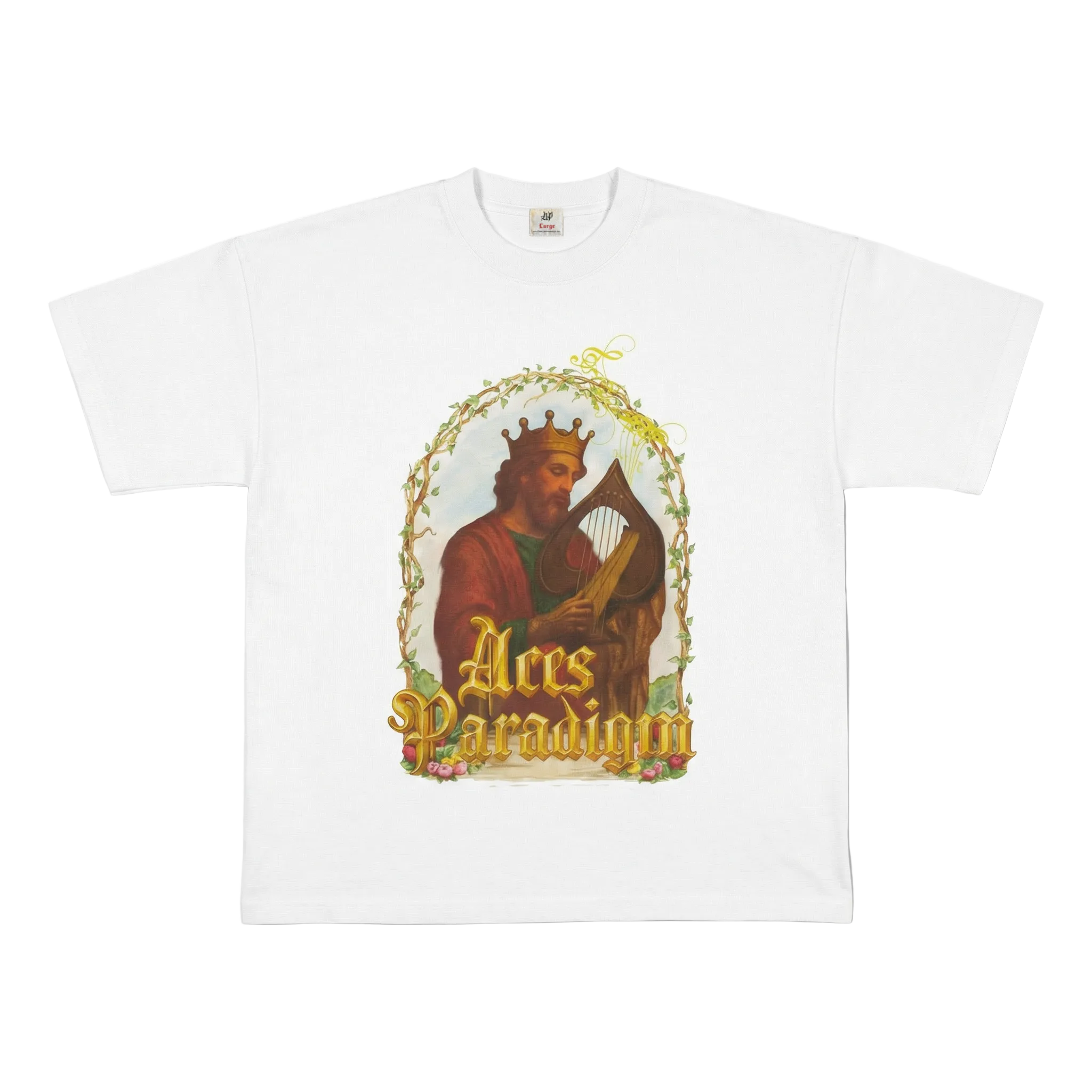 Aces Paradigm 5 of Spades tee front view — white premium streetwear with card graphic