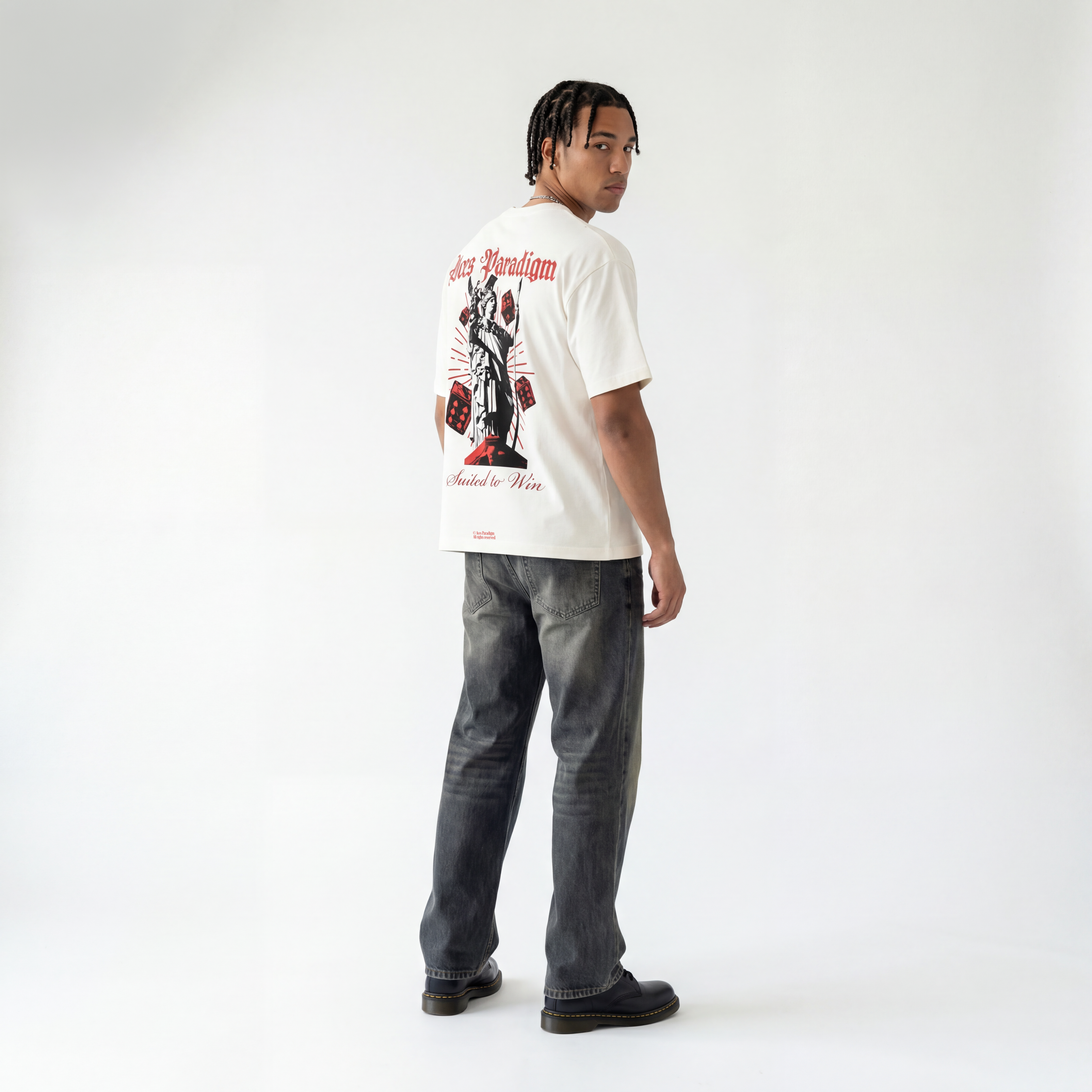 Model Zack wearing Aces Paradigm Queen of Spades streetwear tee, Spades Collection