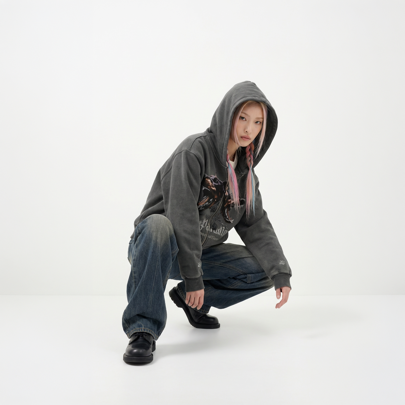 Studio photography of model wearing Aces Paradigm 2 of Spades tee, Spades Collection