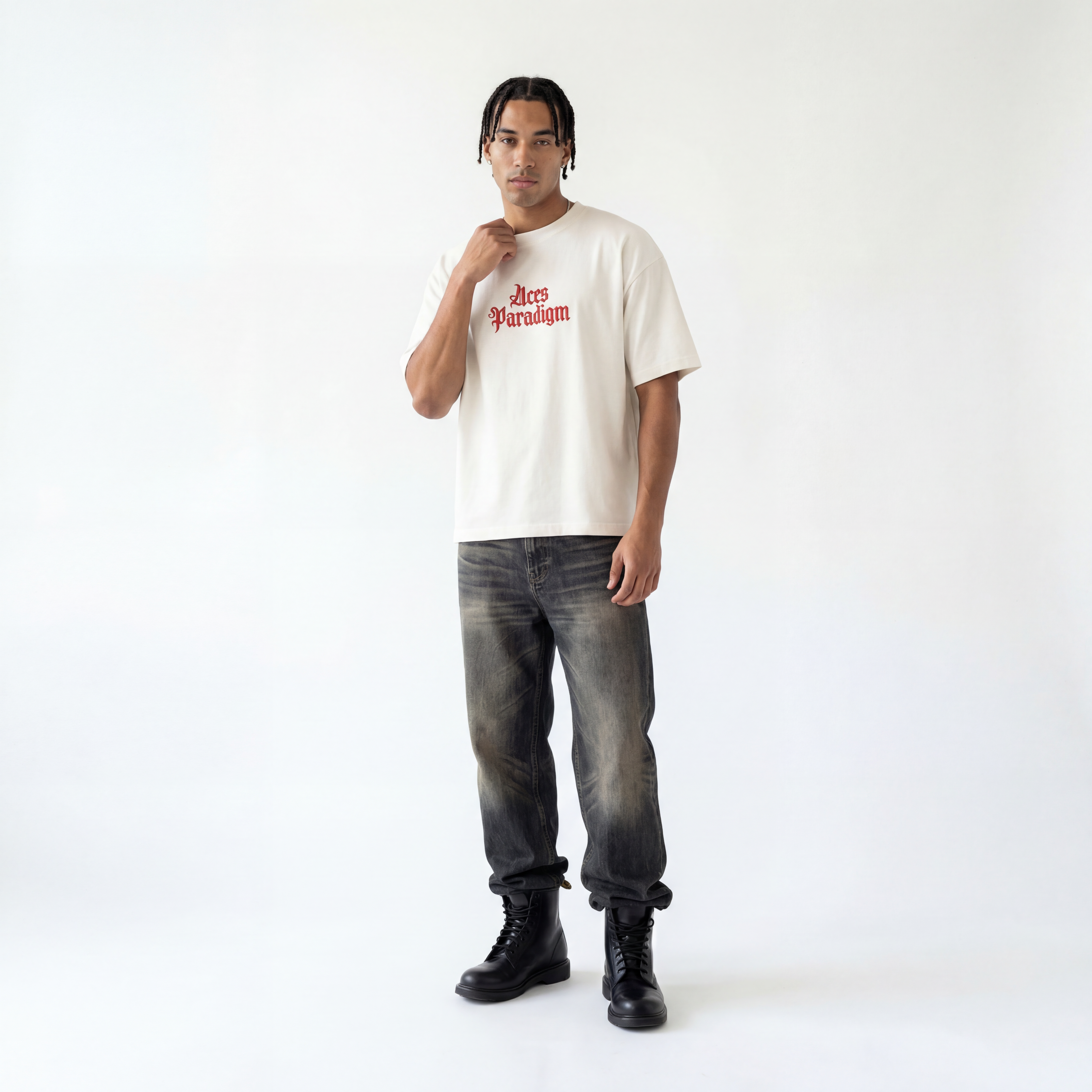 Blasian male model wearing Aces Paradigm Queen of Spades tee, studio lookbook